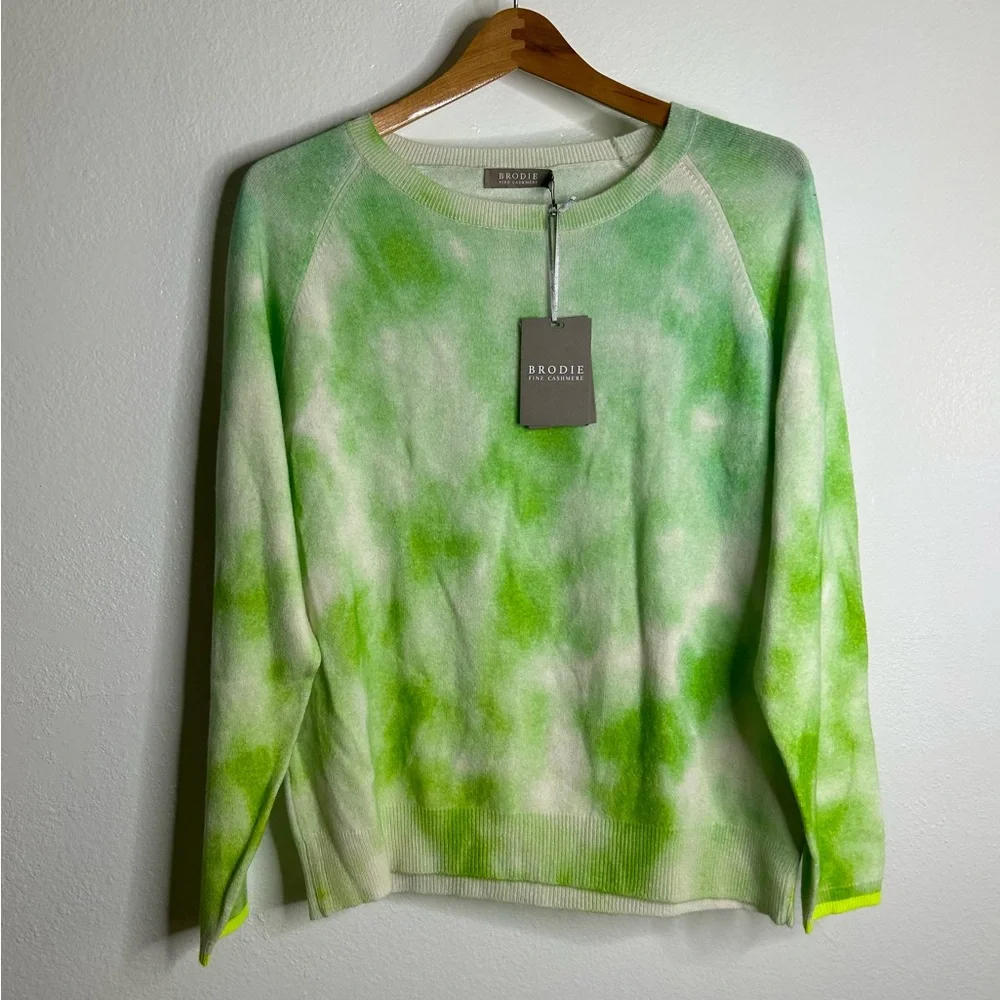 NWT Brodie Cashmere 100% Cashmere Green Tie Dye Multicolor Pullover Sweater